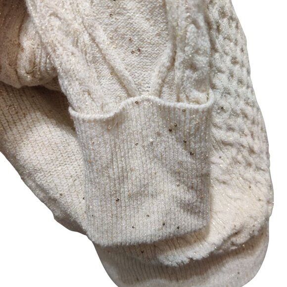 Sofia Jeans M Cream Cable Knit Cold Shoulder Turtleneck Sweater Metallic Sequins - Picture 12 of 16